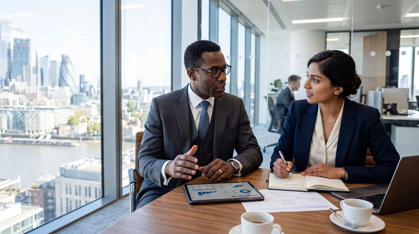 Two partners in strategic conversation at a modern table